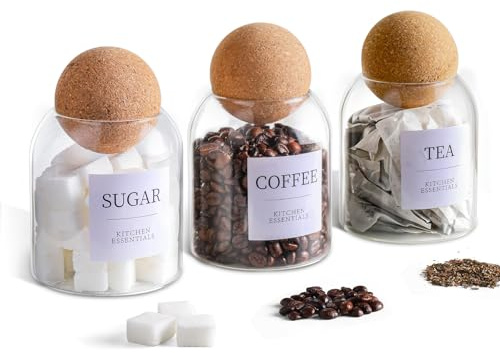 MHDCLY Tea Coffee and Sugar Canisters Set, 3 PCS Tea and Sugar Canisters, Unique Cork Ball 500ml Glass Jars, Kitchen Essentials, Coffee Set Organiser