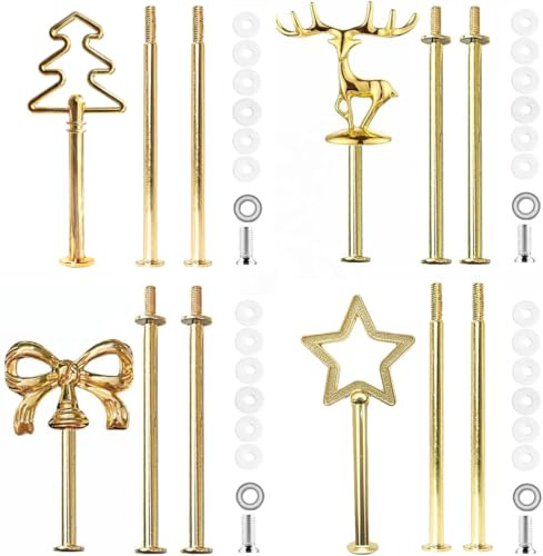 BetterJonny 4 Set Etageren Stangen, Etagere Bausatz Metallstangen Etagerenhalter Mittellochausstech 2 bis 3 Etage für Hochzeitstorte Tortenhalter Torten Etagere Tortenständer Gold Weihnachten