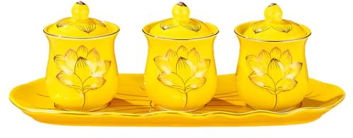 tuwiwol Guanyin Cup with Lid Trio Ceramic Tea Cup Set Featuring Lotus Pattern Beauty Temple Ceramic Buddhist Supplies Ritual Bowl Meditation Yoga Buddhist Supplies with Base, Yellow
