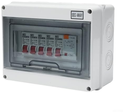 4 Way Consumer Unit Fuse Box with RCD and 4 x MCB, 63A 30mA IP66 Rated Wall Mount Electrical Panel for Garage Shed Camper Van Caravan