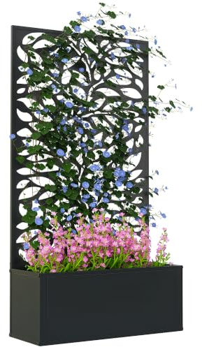 Outsunny Metal Garden Bed with Trellis, Small Leaves Cut-out | Freestanding Raised Planter, Privacy Screen Panel, Planter Box, Climbing Plants Flowers Vegetables