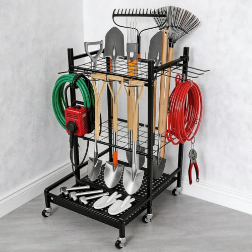 WUDLEP Garden Tool Storage Rack, Garden Tool Rack with wheels, Black | Heavy Duty Yard Tool Organizer, Free Standing Metal Tool Rack, for Garages, Gardens, Sheds