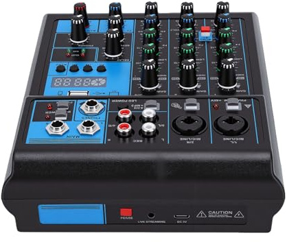 YUEHISY 4-Kanal-Soundmixer mit Zwei Drahtlosen UHF-Mikrofonen, RGB-Mischkonsole, Bluetooth, MP3-USB-Schnittstelle, 48-V-Phantome für Heim-Karaoke-DJs