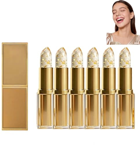 Farbwechselnder Lippenstift, pH- und temperaturreaktiv, von klar zu rosa mit Goldfolie, langanhaltender, wischfester, feuchtigkeitsspendender, glänzender Lippenstift für reife Frauen (PCS6)