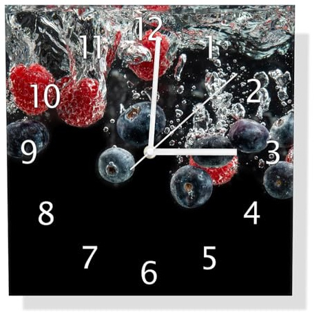 Wallario Design-Wanduhr Waldfrüchte im Wasser aus Glas, Motiv-Uhr Größe 30 x 30 cm, weiße Zeiger
