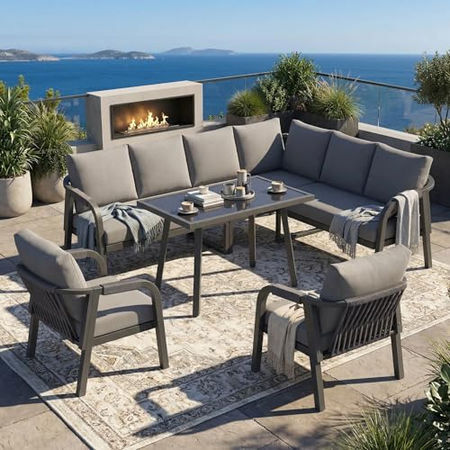 phosir Garten-Essgruppe für 8 Personen, Outdoor Ecklounge Set mit Esstisch und 2 Sessel, witterungsbeständige geflochtene Möbel für Garten, Terrasse, Balkon, Grau