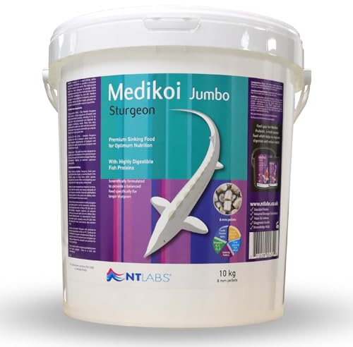 NT Labs Medikoi Sturgeon Multi-Season Jumbo 8mm Pellets (10kg) | Fast-sinking sturgeon feed utilises highly digestible proteins for year round feeding to maximise nutrient uptake.