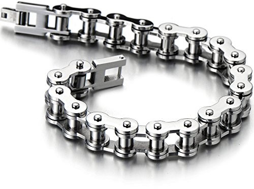 COOLSTEELANDBEYOND Classico - Bracciale da Uomo, Catena di Bicicletta, Acciaio Inossidabile, Colore Argento, Lucidato a Specchio