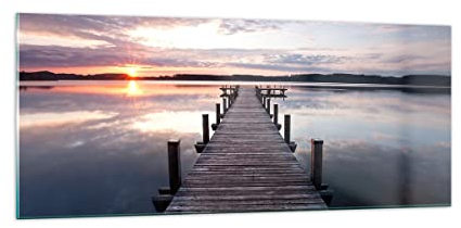Panorama Bilder auf Glas 100x40cm Glasbild Fußgängerbrücke See Sonnenuntergang Abend Groß Wanddeko Schlafzimmer Küche Wandbilder Dekoration Wohnzimmer Modern Wand Kunstdruck Art GAB100x40-2635