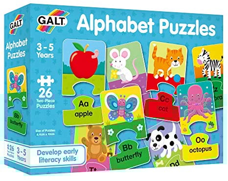 Galt Alphabet Puzzles - Fun and Colourful Early Learning 2 Pc Jigsaw Puzzles - Set of 26 Two Piece Puzzles for Kids - Develop Letter Recognition and Matching Skills - Children Ages 3 to 5 Years Old