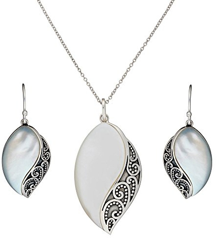 Silverly 925 Silber Filigran Marquise Perlmutt Schmuckset für Damen | Sterling Silber Ohrringe und Halskette mit Gebogenen Blättern im Vintage-Stil | Gothic Ethereal Art Nouveau Schmuck