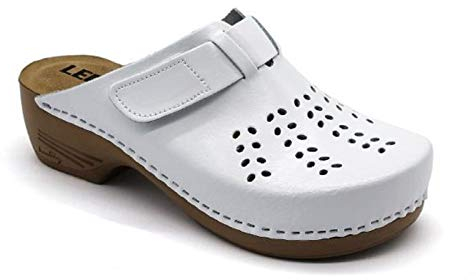LEON PU161 Komfortschuhe Lederschuhe Pantolette Clog Damen, Weiß, EU 36
