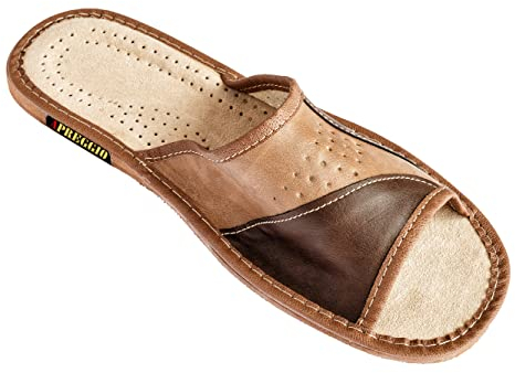 Apreggio Hausschuhe Herren Pantoffeln Leich Natural 100% Leder Naturprodukt Handgefertigt Braun Fester Sohle Komfort Bequeme Weich_45 EU_Braun