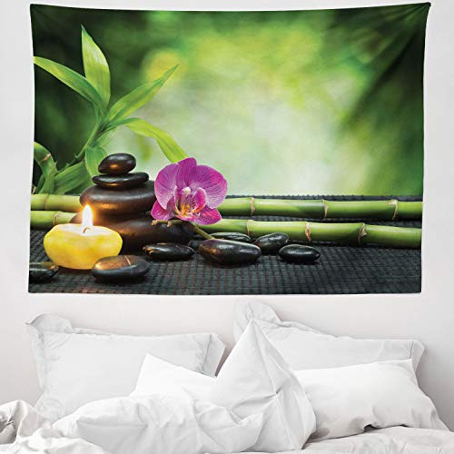 ABAKUHAUS Heilbad Wandteppich, Orchidee Bambussprossen Steine Japanische Alternative Feng Shui Elemente, aus Weiches Mikrofaser Stoff Wand Dekoration Für Schlafzimmer, 150 x 110 cm, Apfelgrün Fuchsia