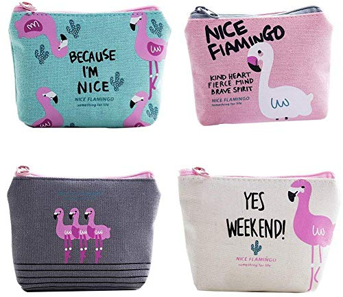 iwobi 4 Stück Kleine Täschchen Mit Reißverschluss,Mini Flamingo Geldbörse Münzen Portemonnaie, Leinwand Brieftasche für Frauen und Mädchen, Mini Kosmetiktasche für Münzen Schlüssel Lippenstift