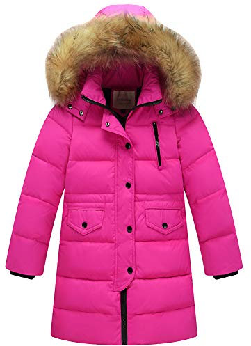 amropi Enfant Fille Parka Veste Manteau Longue Blouson Epaisse Manteau à Capuche Fourrure Chaud Hiver (Rose Rouge, 11-12 Ans)