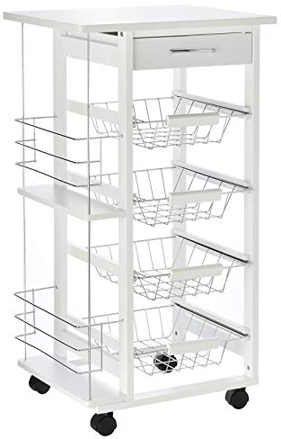 HOMCOM Rolling Kitchen Cart, Utility Storage Cart with 4 Basket Drawers & Side Racks, Wheels for Dining Room, White