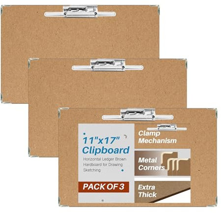 27,9 x 43,2 cm Ledger Hartfaser-Klemmbrett mit 3 Hebel-Clips, entweder im Hoch- oder Querformat, umweltfreundlich und toll zum Zeichnen, Zeichnen, Braun, 3 Stück