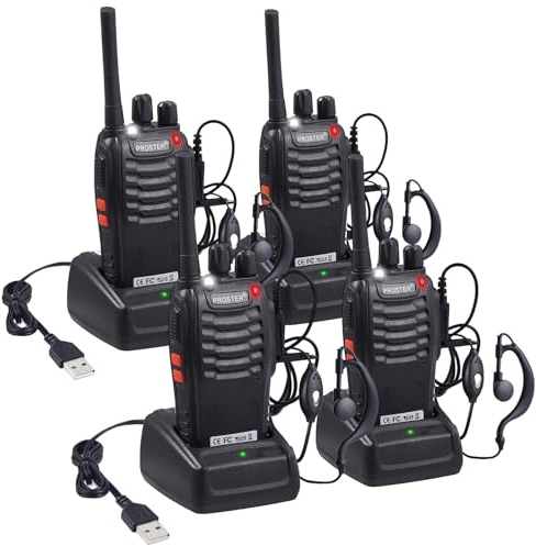 Proster Walkies Talkies Recargables 4PCS Walkie Talkie Profesional Walky Talky 16 Canales de Larga Distancia con Pinganillos,Linterna LED, VOX Función para Adultos y Niños