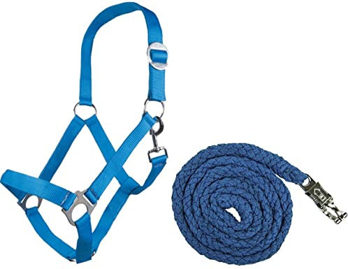 Generisch HKM Halfter-Set StarterHalfter + Führstrick mit Panikhaken verstellbar | versch. Farben (Warmblut, Blau)