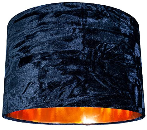 Modern and On-Trend Midnight Blue Crushed Velvet Fabric 12 Table or Pendant Circular Drum Lampshade with Shiny Copper Inner - 60watt Maximum | Perfect for Residential or Commercial by Happy Homewares