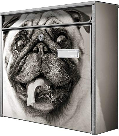 banjado® Burg-Wächter® Briefkasten mit Motiv Mops Porträt/Briefkasten ohne Zeitungsfach 32x36x10 cm groß/Briefkasten mit Namensschild A4 Einwurf inkl. Montagematerial & 2 Schlüsseln