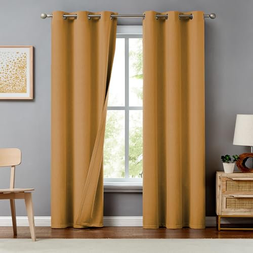 Melodieux 100% Verdunkelungsvorhänge für Schlafzimmer, wärmeisoliert, geräuschreduzierend, Leinenösen, Fenstervorhänge für Wohnzimmer und Kinderzimmer, Golden Orange, 107 x 160 cm Länge, 2 Paneele