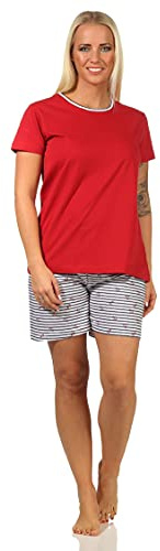 Maritimer Damen Shorty Kurzarm Schlafanzug Pyjama, Hose gestreift - 112 205 10 717, Farbe:rot, Größe:40-42