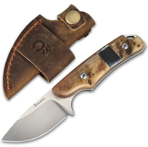 Cool Hand 5.98 Knife with Leather Sheath, Full Tang Compact Horizontal Carry Knife, Leather Belt Loop Sheath with Buckle, Outdoors Drop Point 440C Fixed Blade, Ram Horn Handle