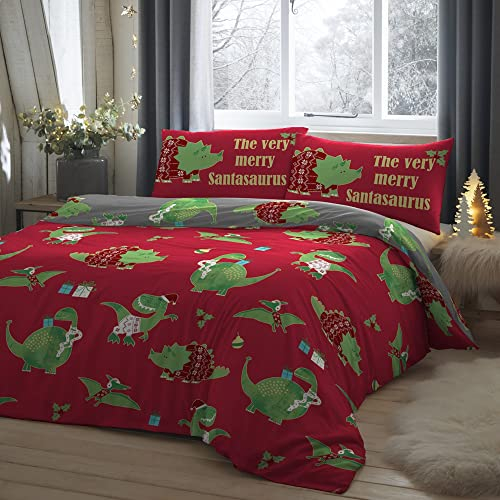 Bedlam - Weihnachts-Bettbezug mit Dinosauriermotiv, Doppelbettgröße (200 x 200 cm), wendbar (2 Farben), 2 x Kissenbezüge im Lieferumfang enthalten, Santasaurus Cartoon Kinder-Weihnachts-Bettbezug,