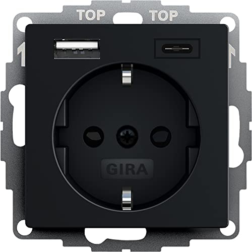 Gira 2459005 SchukoSteckdose USB-Anschluss Shutter Berührungsschutz 2-fach Typ A(max.2,4A) Typ C(max.3A) System 55 Schwarz matt UP Unterputz Schutzkontaktsteckdose Wandsteckdose Smartphone Tablet 32mm