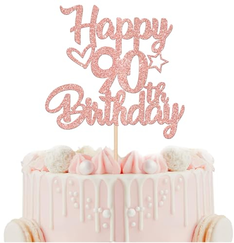 SYKYCTCY 1 Pack Happy 90th Birthday Cake Topper Glitter Heart Star 90 Fabulous Cake Pick Birthday Sign Cake Decorations for 90th Birthday Theme Party Supplies Rosegold