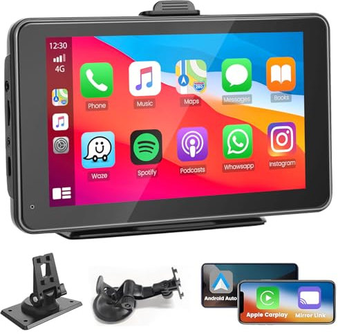 Car Stereo Radio with Wireless Apple CarPlay Android Auto Screen for Car, Car Stereo 7 HD Touch Screen Portable Car Player with Bluetooth, Live Navigation,Voice Control,FM AUX, Airplay Mirror Link