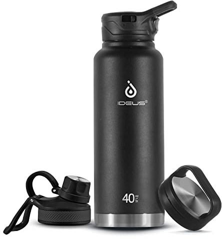 IDEUS Vakuumisolierte Wasserflasche, 40oz (1140 ml) Edelstahl Doppelwand Flasche Metall Sport Kantine mit auslaufsicherem Schraubverschluss (Schwarz)