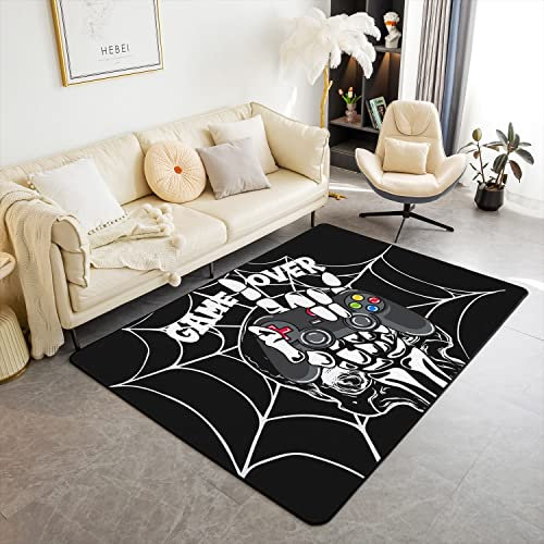 Schädel Gamer Dekorativer Teppich Teen Gaming Dekor Wohnzimmer Teppiche Gotische Skelett Akzent Teppich Videospiel Controller gesteppte Innenbodenmatte Schwarz Akzent Moderne Teppich 150x200cm