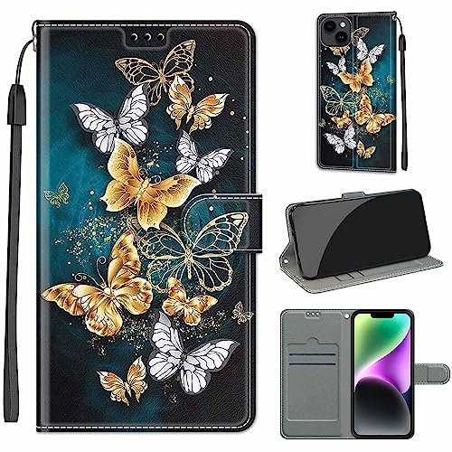 for iPhone 15 Case, PU Leather Wallet Book Flip Folio Stand View Cover Pouch Compatible with iPhone 15 Phone Case (Butterfly)