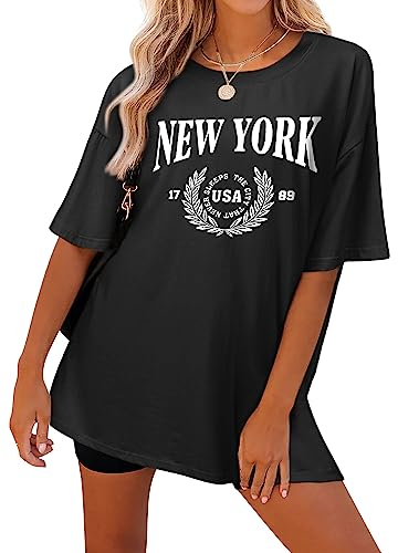 Dresswel Oversized T Shirt Damen New York Brief drucken Vintage T-Shirt Kurzarm Rundhals Retro Tee Shirts Sommer Oberteile Lose Bluse Lang Tops für Teenager Mädchen