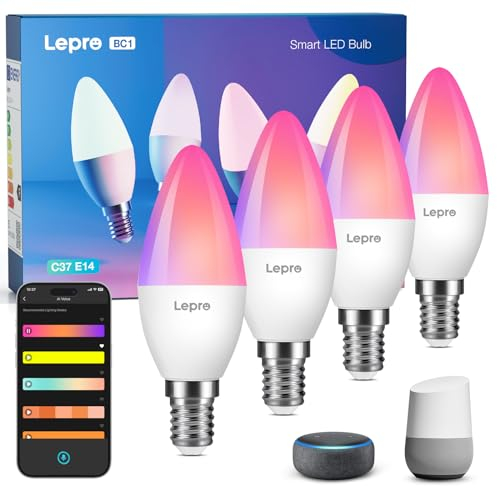 Lepro AI Smart Glühbirne BC1, E14 Smart LED Lampe 4.9W 470LM Dimmbar, Großes Sprachmodell LLM, Farbwechsel mit Musik Sync/Eingebautes Spracherkennung, Bluetooth Sofortige Kopplung, 4 Stück
