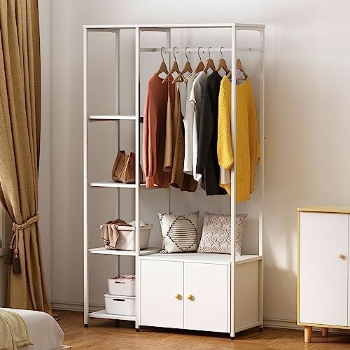 soges Kleiderständer, Garderobenständer mit Kleiderstange, 4 Ablagen und Schrank, offener Kleiderschrank für Schlafzimmer, Flur, Wohnzimmer, weiß 100 x 40 x 180 cm
