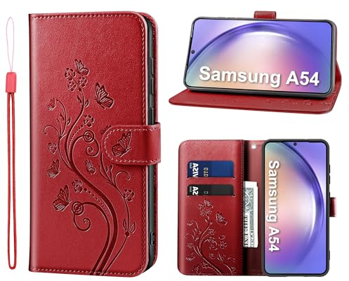 KRAFTCARE Lederhülle für Samsung Galaxy A54 Klapphülle Leder Hülle | Premium PU Leder mit Prägung, Kartenfach, Ständer, Magnetic Closure, RFID Blockierung, Flip Wallet Handyhülle, Rot