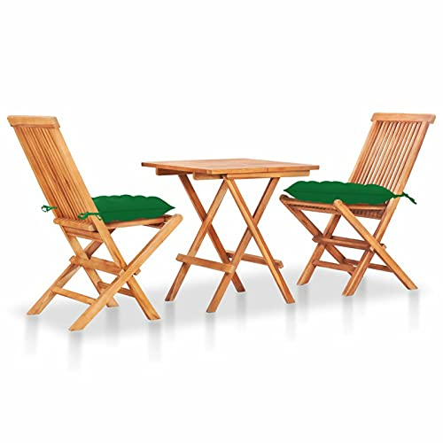ZEYUAN 3-TLG. Bistro-Set mit Grünen Kissen, Gartenset Tisch Und Stühle, Balkon Möbel Für Kleinen Balkon, Terrassenmöbel, Balkonset, Balkonmöbel, Massivholz Teak