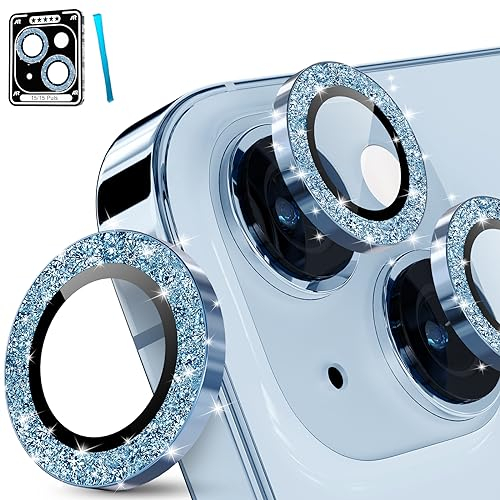 imluckies for iPhone 15 - iPhone 15 Plus Camera Lens Protector Bling, HD Clear Aluminum Alloy Individual Ring, 9H Tempered Glass Camera Back Screen Protection Film, Glitter Blue