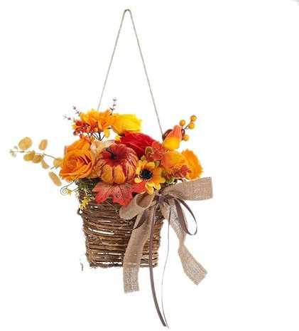 Autumn Pumpkin& Berry Door Hanging Basket Wreath, Christmas Large Harvest House Decorations with Pumpkin& Berry for Easter, Thanksgiving, Spring& Garden (Type B)