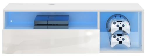 DlandHome Meuble TV Flottant avec Lumières LED 100cm Meuble TV Suspendu Brillant avec Rangement Étagère Banc TV Mural Flottante Console Multimédia avec Crochets pour Manettes de Jeu & Casque