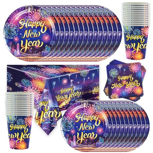 Shamoparty Happy New Year Partygeschirr Set, 73 Stücke Lila und Feuerwerk Partygeschirr, Neujahr 9-Zoll Teller, Servietten, Tassen, Tischdecke, Neujahrstisch Dekoration Set Für 24 Personen