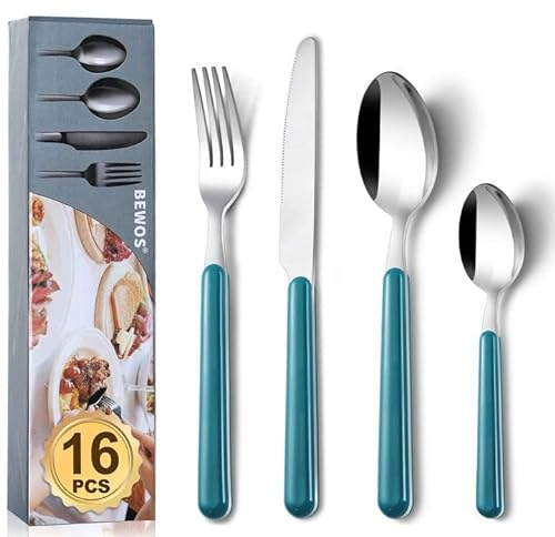 BEWOS 16 Piece Cutlery Set, Service for 4, Kitchen Cutlery Sets,Dark Blue Forks Knives and Spoons Set, Stainless Steel Flatware Serving Set for Home, Party