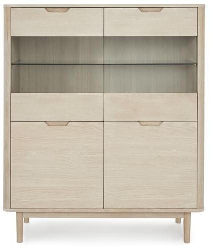 Furnhouse Nyborg Highboard mit LED-Beleuchtung 120 cm breit Eichenoptik – Skandinavischer Schrank aus massiver Eiche mit Weiß-Öl Finish – 4 Türen, Soft-Close – Vitrine für Wohnzimmer & Esszimmer