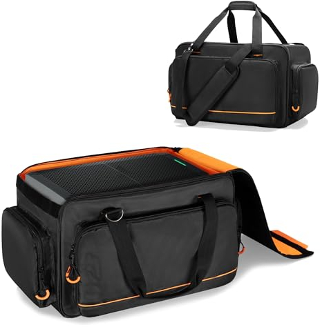 GOBUROS Speaker Carrying Bag Compatible with Mackie Thump Go, Loudspeaker Storage Bag with Removable Bottom Board, Padded Handle and Shoulder Strap, Multiple Pockets for Microphone, Cable, Black