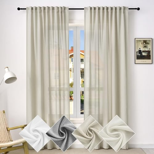 WOLTU Gardine, Schiebegardine für Wohnzimmer Schlafzimmer, mit Kräuselband, Leinenoptik, Halbtransparent Voile modern, 135 x 245 cm, Sand