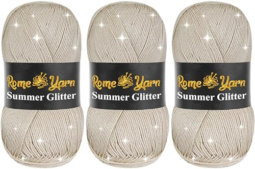 Rome Yarn Summer Glitter | 3 x 100g | Sommer Glitzer Garn | Seideneffekt | Anti-Pilling Metallic-Wolle | Acrylgarn Simli Wolle | Glitzerwolle (861 Beige)